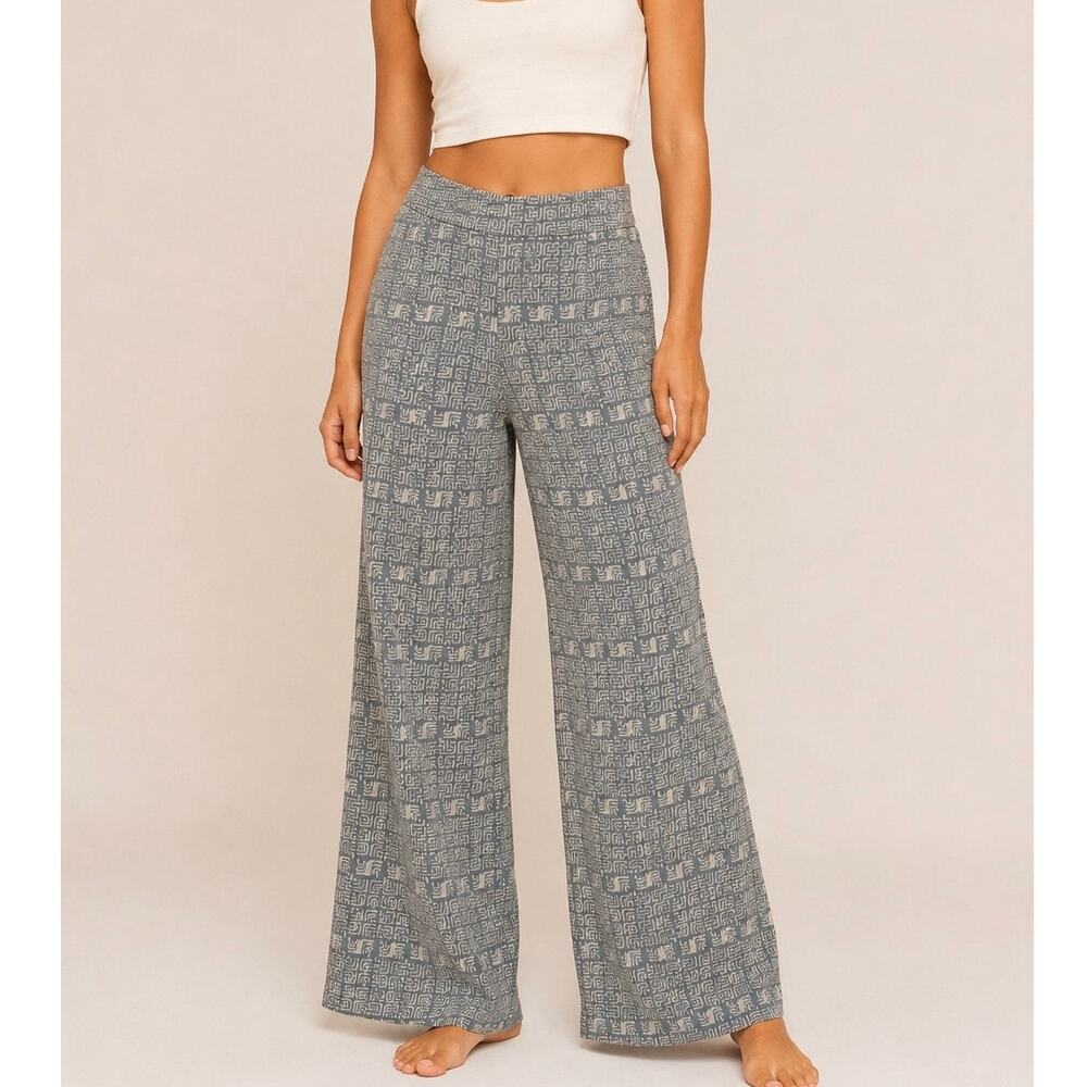 NWT Sz L Acoa Wide Leg High Rise All Over Abstract Maze Geometric Block Print